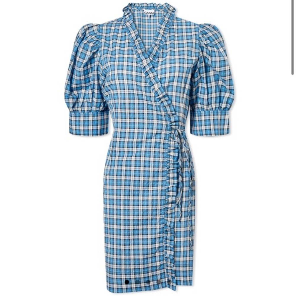 NWT Ganni Seersucker Check Wrap Mini Dress in Azure Blue $255
